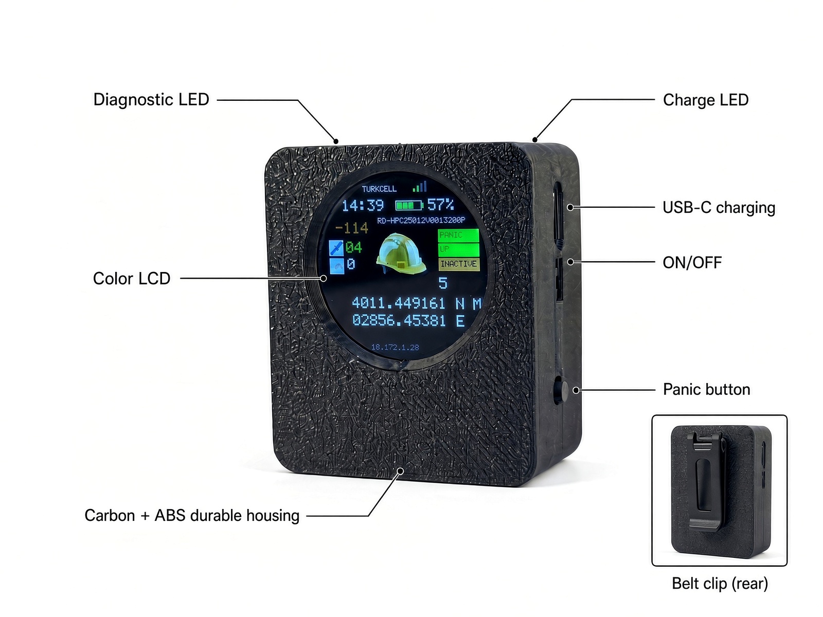 Lone worker tracking device feature callouts